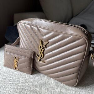 YSL Lou Camera Bag and Wallet in Quilted Leather in Taupe